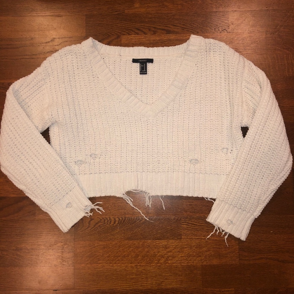 Forever 21 cropped distressed white sweater